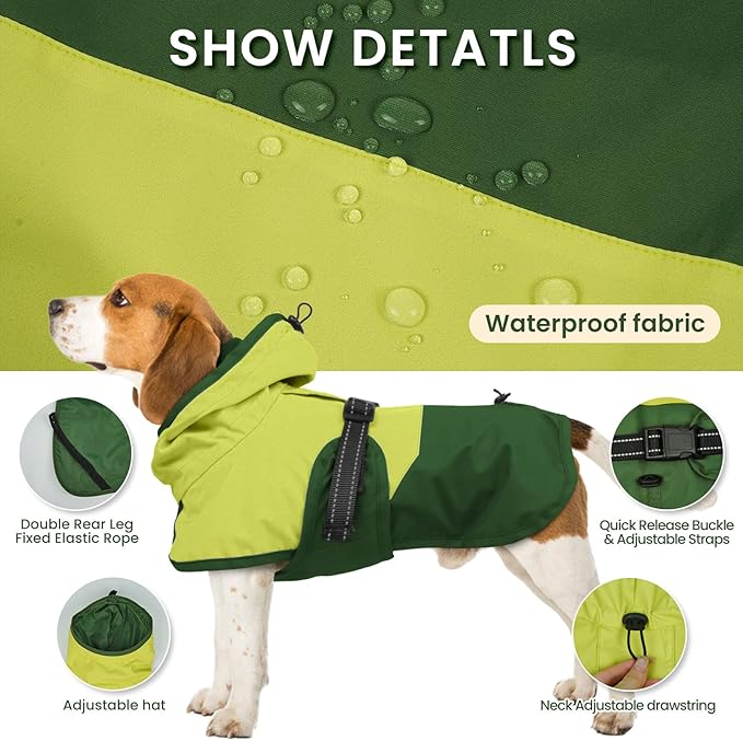 BRKURLEG Dog Raincoat for Small Medium and Large Dogs Waterproof Dog Rain Jacket Adjustable Hooded Dogs Raincoat Pet Rain Coat Poncho with Leash Hole, Reflective Strip, Green, L