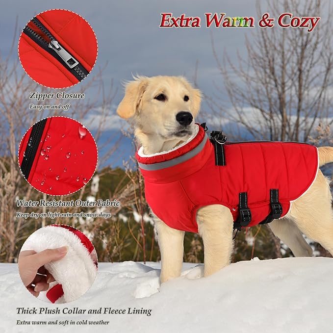 Dogcheer Dog Coat with Harness, Waterproof Dog Jacket Adjustable Pet Winter Coat with Zipper, Christmas Puppy Snow Jacket Fleece Sweater for Small Medium Large Dogs - Red 2XL