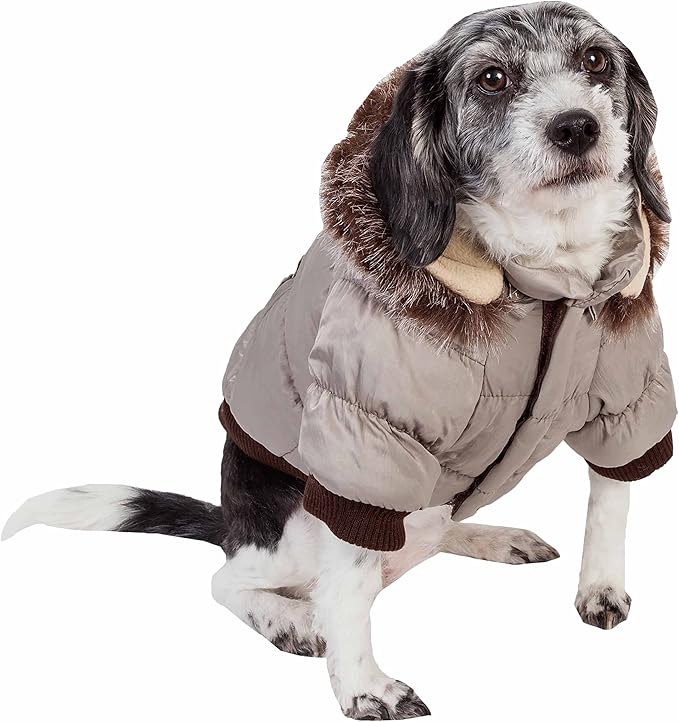 Pet Life Classic Metallic Winter Dog Coat with Zippered Removable Fur Hood - Dog Jacket Features 3M Thinsulate Insulation Warming Technology - Dog Clothes Sizing fits Small, Medium and Large Dogs Grey