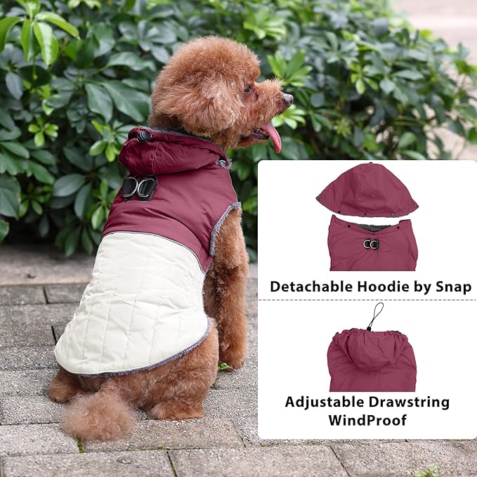 Detachable Hooded Dog Coat with Harness for Medium Dogs,Super Warm Fleece Puppy Jacket for Cold Winter Doggie Coats,Red L