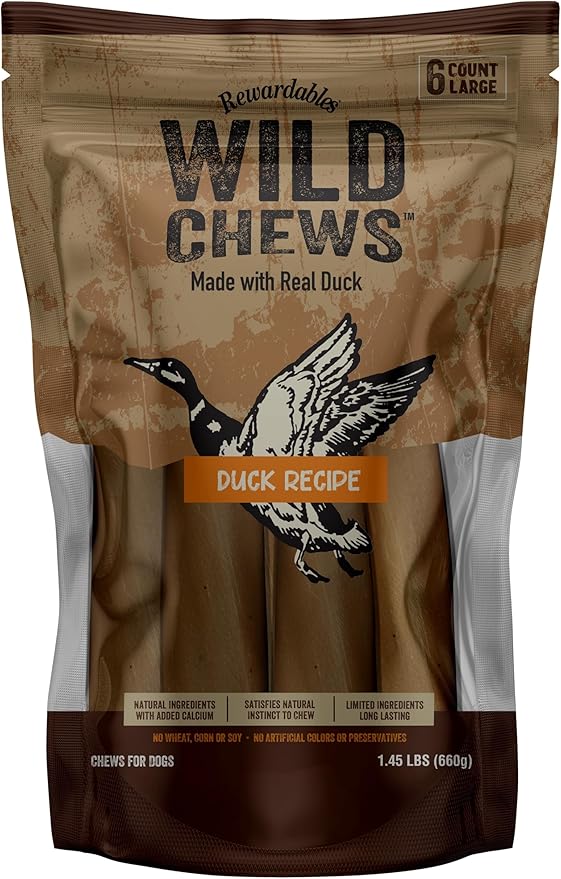 | Wild Chews | Duck Recipe, Made with Real Duck, Limited Ingredient, Long Lasting Chews for Large Dogs | 6 Count