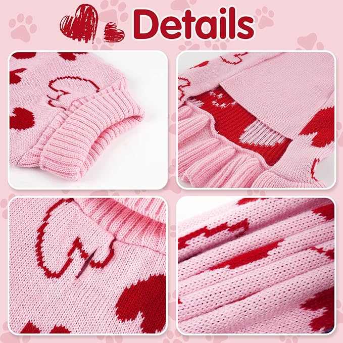 cyeollo Dog Sweater Dress Dog Clothes Pullover Turtleneck with Leash Hole Heart Pattern Holiday Outfit Female Pet Apparel Valentine Sweater for Medium Large Dogs