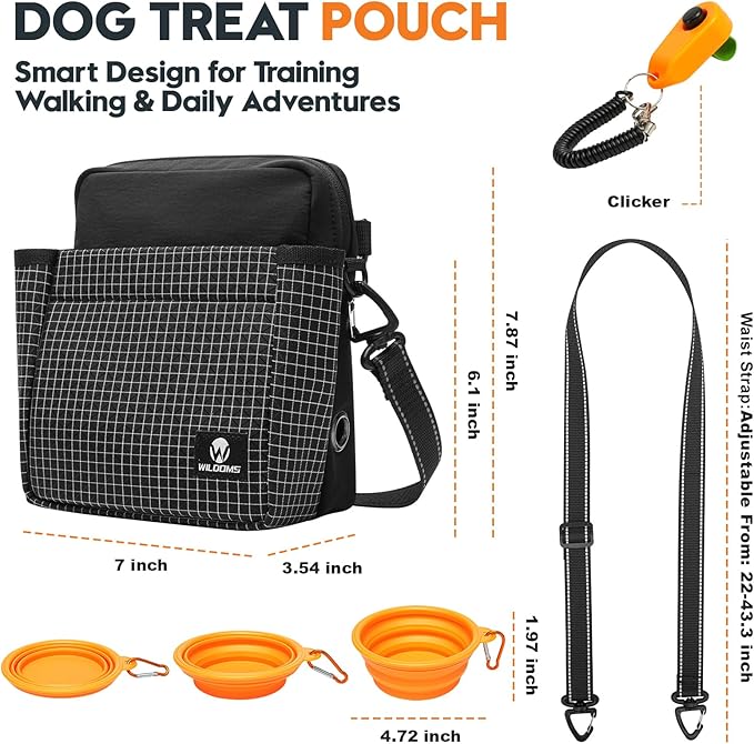 Large Capacity Dog Treat Pouch –Training Treat Bag with Magnetic Pocket, Built-in Poop Bag Holder, Clicker & Collapsible Bowl, Dog Walking Bag for Pet Training – Black