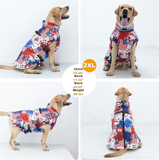 Large Dog Coat with Harness Built-in, Waterproof Reflective Fleece Lined - Warm Windproof Winter Jacket with Back Zipper, Cold Weather Snow Dog Coats - American Flag - 2XL