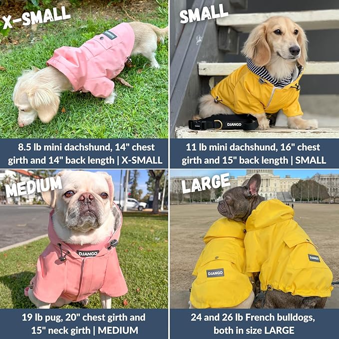 DJANGO Highland Dog Jacket & Raincoat – Water-Repellent, Lined Dog Coat with Hood, Adjustable Fit & Harness Hole – Lightweight Rain & Wind Jacket for Small & Medium Dogs up to 30 lbs (Red, X-Small)