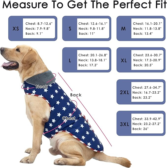 Dog Coat, Waterproof Dog Winter Jacket with Pocket, Reflective Adjustable Pet Snow Vest, Warm Cozy Fleece Sweater for Small Medium Extra Large Dogs - American Flag, 3XL