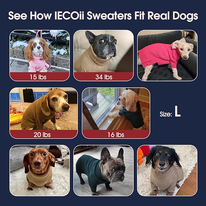 IECOii Dog Sweaters for Medium Dogs Girl Boy,Christmas Knit Doggy Sweatshirt with Sleeve,Turtleneck Thick Warm Dog Sweaters for Winter,Pullover Knitwear for French Bulldog,Boston Terrier (Green, L)