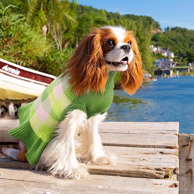 Dog Sweater Dress Plaid Knitwear for Small Medium Dogs Warm Puppy Pet Turtleneck Stretch Pullover Cute Fall Winter Vest Clothes with Leash Hole for Christmas (Green, XL)