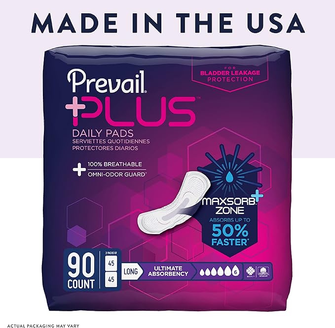 Prevail Plus | Long Length Incontinence Bladder Control Pads | Ultimate Absorbency | 90 Count (2 packs or 45)