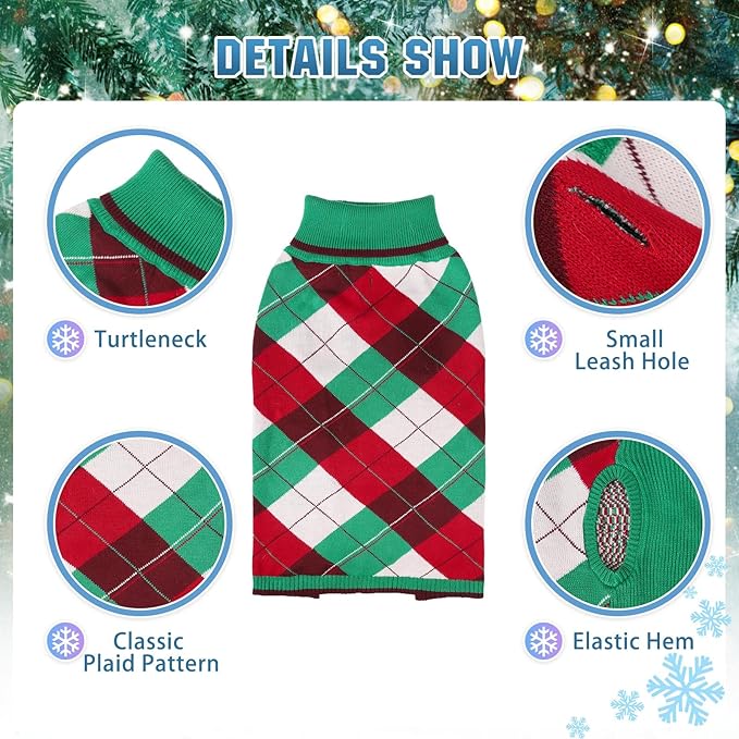 KOOLTAIL Dog Christmas Sweater Pet Knitted Clothes - Classic Plaid Pull Over Turtleneck Dog Sweaters with Leash Hole Warm Dogs Winter Clothing for Small Medium Dogs Cats Puppy (Green & Red M)