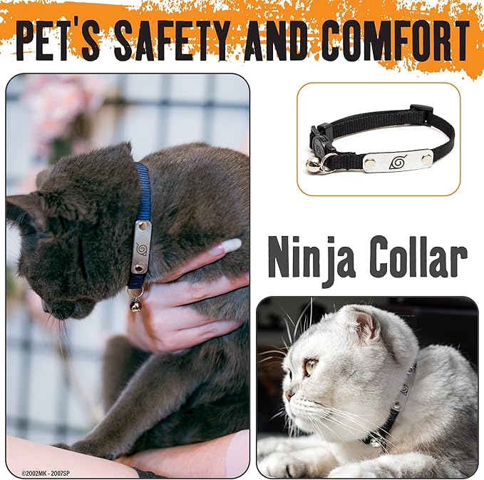 Naruto Breakaway Cat Collars for Girl & Boy Cats | Officially Licensed Naruto Shippuden Hidden Leaf Village Pet Accessories & Gifts, (8.5” to12”) Adjustable Cute Kitten Collar with Bell (Navy, Ninja)