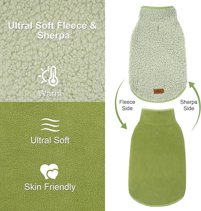cyeollo Warm Dog Coat Fleece Sherpa Winter Sweater Coats, Turtleneck Dog Jacket Vest for Small Medium Large Dogs with Leash Hole, Soft Reversible Pet Coats for Cold Weather, Green, XL