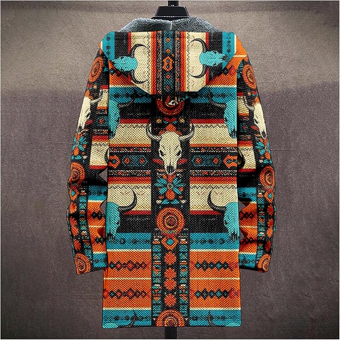 Mens Aztec Print Hoodie Heavyweight Cotton Fleece Jacket Zip Up Warm Long Sleeve Hooded Winter Midi Coat