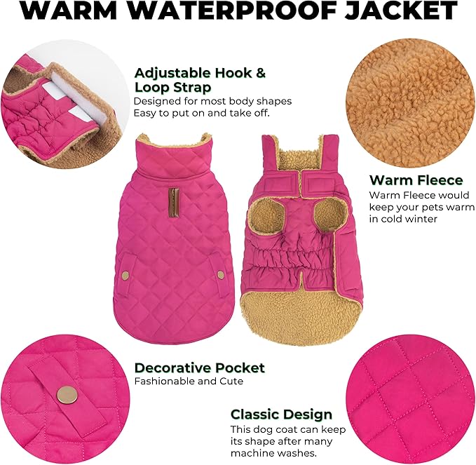 Dog Winter Coat, Dog Jacket with Warm Fleece Lined, Waterproof Windproof Dogs Cold Weather Coats Clothes for Puppy Dogs Snowsuit with Leash Hole, Rose Red Small