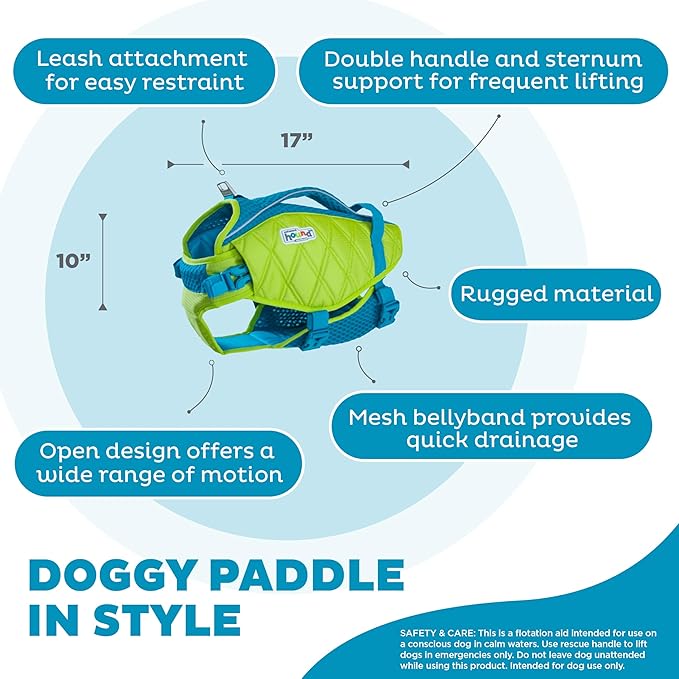 Outward Hound Standley Sport Dog Life Jacket, High-Performance Ripstop Dog Life Vest for Swimming, Boating, and Water Safety, Large, Green