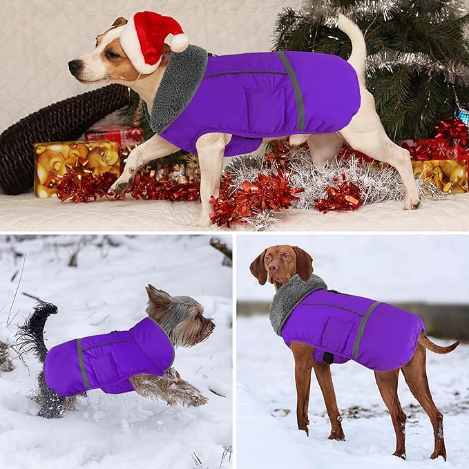 Dogcheer Warm Dog Coat, Christmas Dog Jacket Waterproof Puppy Winter Coat with Buckles, Reflective Adjustable Pet Snow Jacket Turtleneck Fleece Sweater for Small Medium Large Dogs - Purple, L