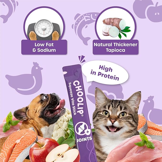 Choolip Squeeze Vita Stick Lickable Cat Treats & Dog Puree – 7-Count Joint Support Tubes, Creamy Grain-Free High-Protein Puree with MSM, Glucosamine & Green Lipped Mussel for Joint & Mobility Health