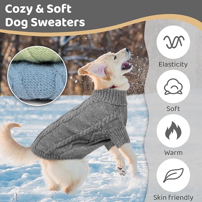 Queenmore Small Dog Pullover Sweater, Cold Weather Cable Knitwear, Classic Turtleneck Thick Warm Clothes for Chihuahua, Bulldog, Dachshund, Pug (Slate Grey, Large)