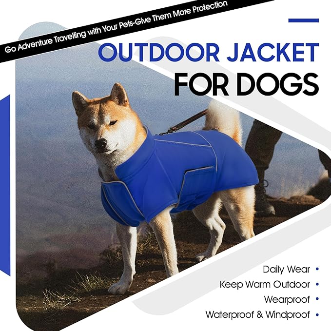ROZKITCH Raincoat Jacket for Dogs, Waterproof Windproof Dog Rain Jacket with Fleece Liner and Leash Hole Reflective Strip for Medium Large Dog, Adjustable Poncho Vest for Outdoor Hiking Travel Blue L