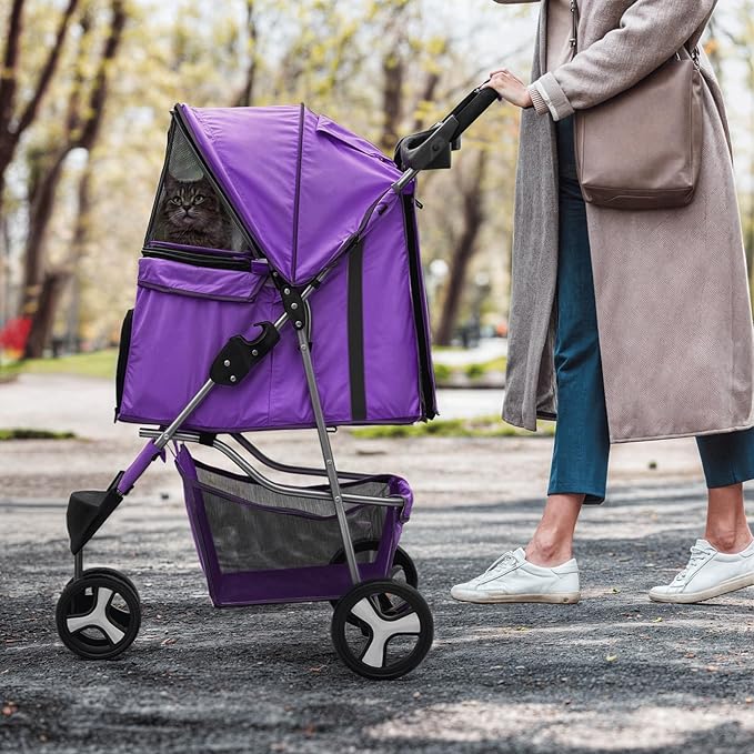 MoNiBloom 3 Wheels Pet Dog Cat Stroller for Small Medium Dogs Cats, Lightweight Foldable Jogger Stroller w/Storage Basket and Cup Holder, Purple