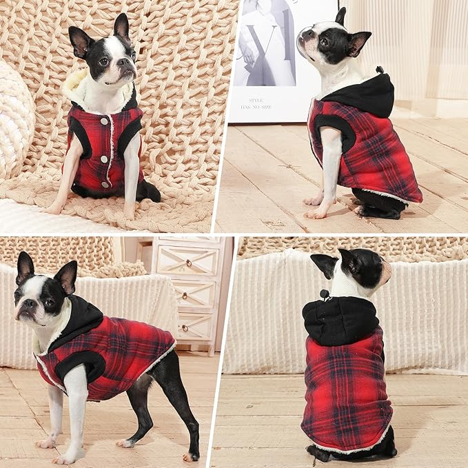 Fleece Lining Dog Hoodie for Medium Dogs Extra Warm Plaid Sweater with Drawstring Hooded Coats in Winter Puppy Jacket,Red L