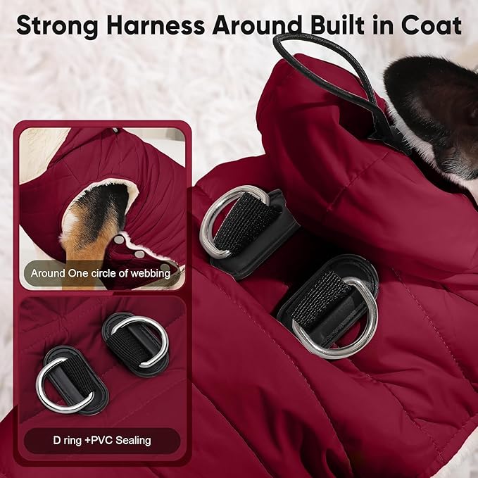 Fleece Lining Dog Hoodie with Harness Built in,Extra Warm Small Dog Jacket in Winter Puppy Coats with Drawstring Hooded,Red M