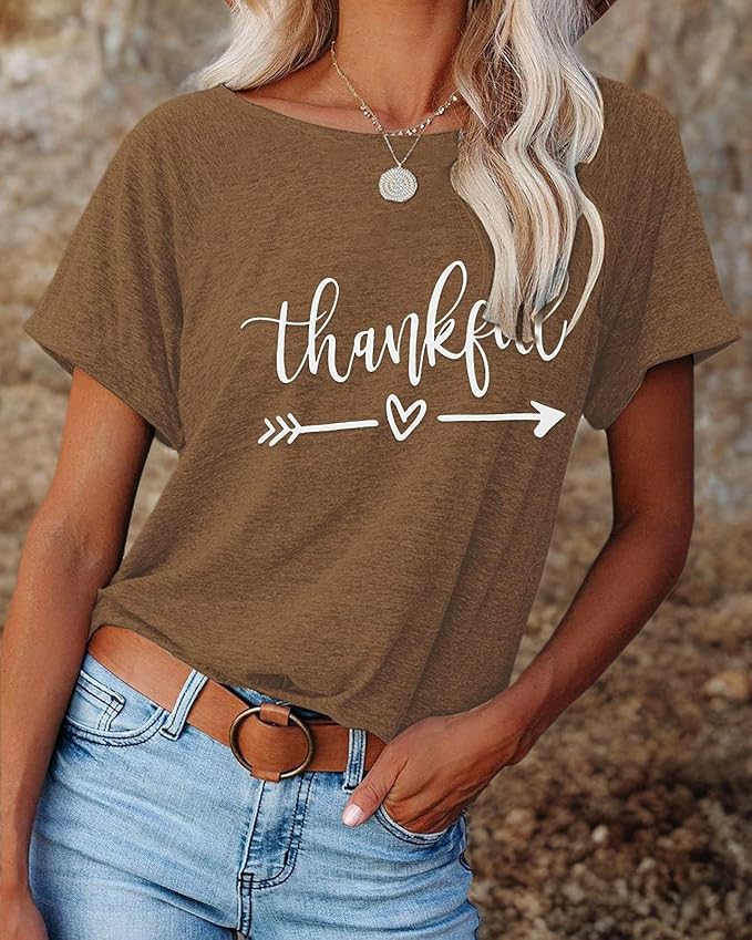 NIUBIA Women's T Shirts Summer Tops Simple Heart Graphic Shirts Sayings Short Sleeve Vacation Casual Blouse Thankful Tee