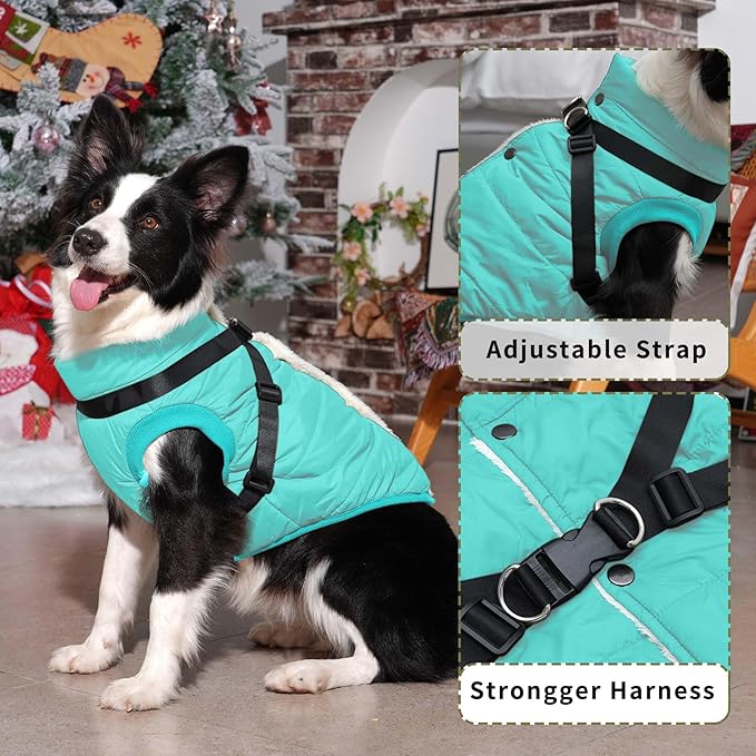 Dog Jacket with Harness,Fleece Lined Warm Puppy Coat for Winter,Soft Windproof Medium Dog Vest,Bluegreen L