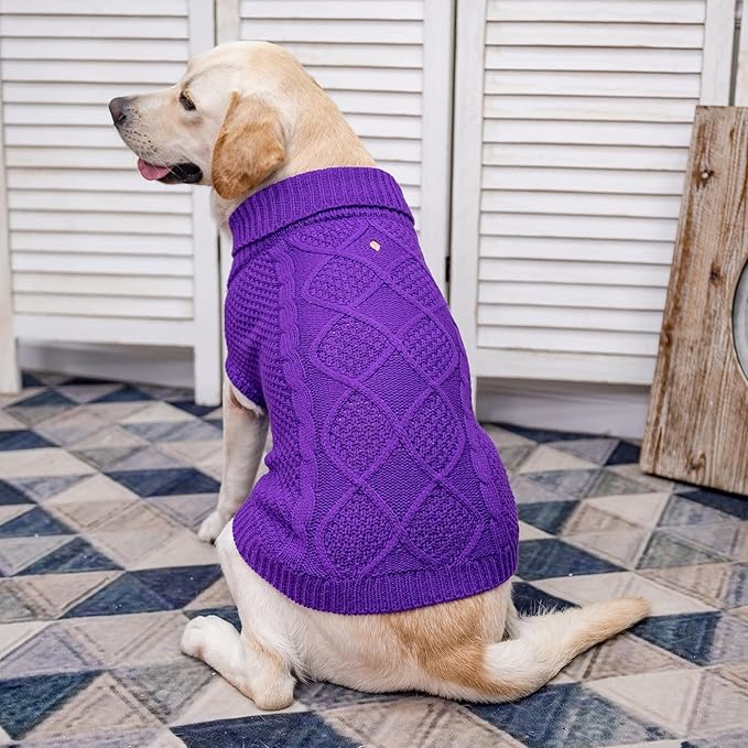 Mihachi Turtleneck Dog Sweater - Winter Coat Apparel Classic Cable Knit Clothes with Leash Hole for Cold Weather, Ideal Gift for Pet in New Year Purple Large
