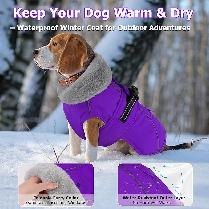 Dogcheer Dog Coat with Pocket, Waterproof Dog Jacket with Adjustable Buckle, Reflective Puppy Winter Coat Warm Turtleneck Fleece SnowJacket for Small Medium Large Dogs - Purple XL