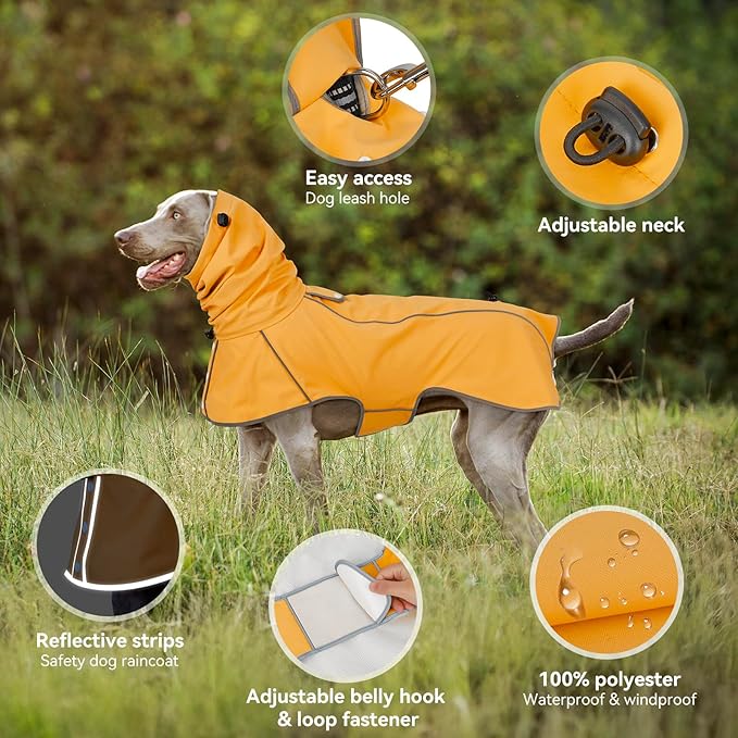 Reflective Dog Raincoat, Windproof & Waterproof Dog Rain Jacket, Adjustable Hooded Pet Poncho with Leash Hole for Small, Medium, Large Dogs(S-2XL) (Yellow, XX-Large)