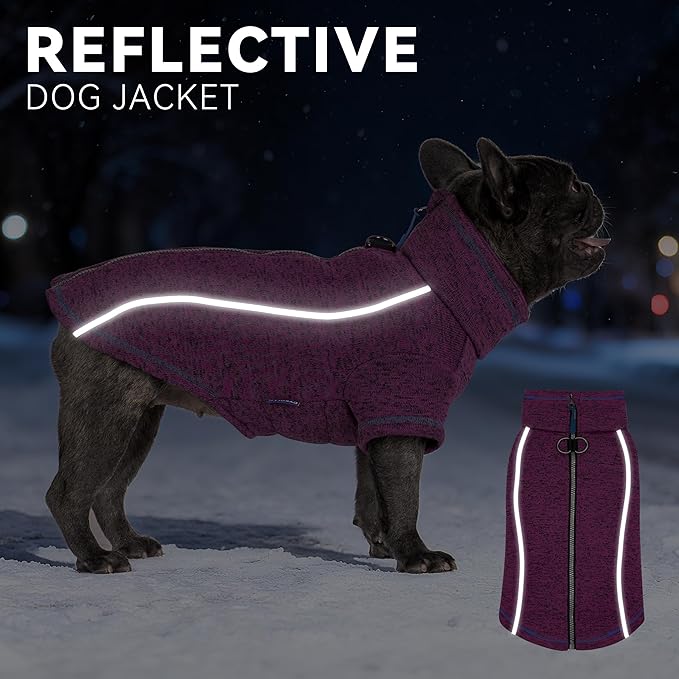 cyeollo Warm Dog Sweater with Zipper, Doggy Reflective Highneck Jackets with D Ring Step in Dog Winter Coats Fleece Female Stretchy Dogs Sweaters Pet Clothes for Small Dogs, Purple L