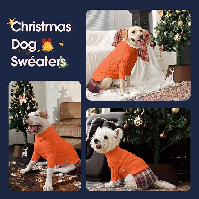 IECOii Big Girl Dog Sweater Dress, Cable Knit Sweater for Extra Large Dogs Girl, Orange, 4XL, Cute Dog Warm Dress for Fall Winter, Good Stretcy Fit Knitwear for Giant Breed Dogs Female Indoor Outdoor
