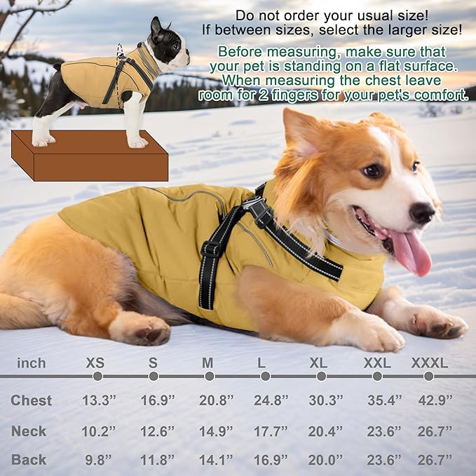 Fragralley Dog Coat with Harness Built in, Waterproof Windproof Reflective Warm Puffer Jacket, Fleece Lined Vest Winter Parka for Small, Medium, Large Dogs
