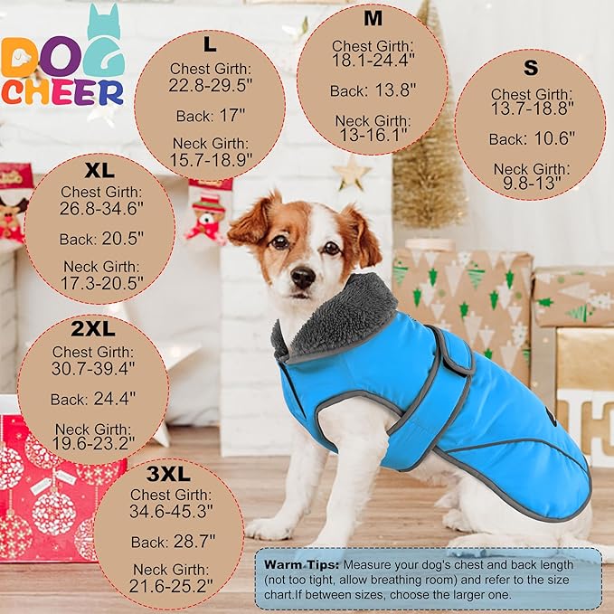 Dogcheer Dog Coat, Waterproof Dog Jacket Reflective Pet Winter Coat with Adjustable Hook & Loop, Christmas Puppy Fleece Jacket Warm Turtleneck Snowsuit for Small Medium Large Dogs - Sky Blue, M