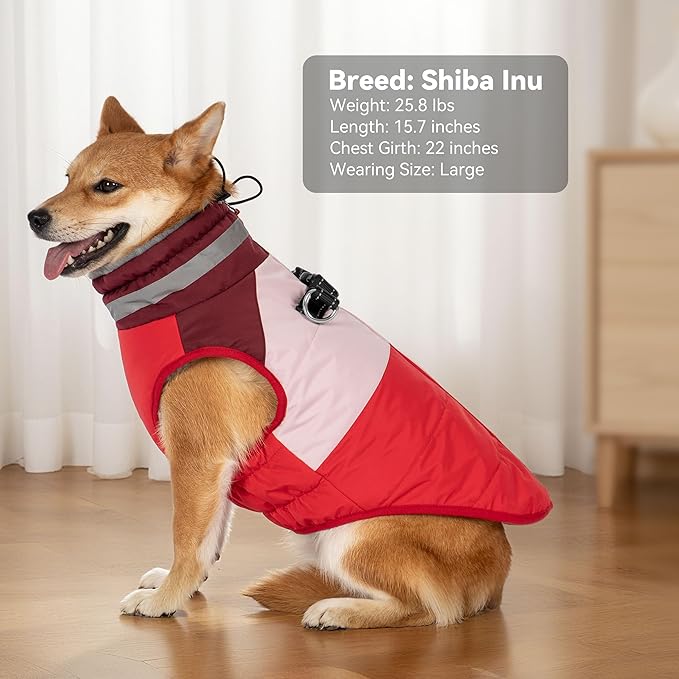 Dog Coat, Waterproof Dog Winter Jacket with Harness Built in, Turtleneck Warm Doggie Cold Weather Coats, Reflective Pet Vest for Indoor & Outdoor, Windproof Dogs Snowsuit, Red Large