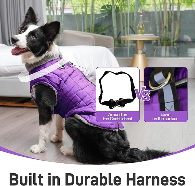 Warm Fleece Dog Coats with Durable Harness Buitl in D-Ring,Waterproof Puppy Jacket for Small Dogs,Dog Vest for Cold Winter,Purple XS