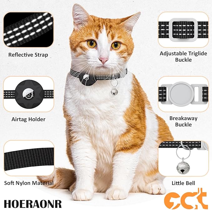 AirTag Cat Collar, Reflective Kitten Collar Breakaway Apple Air Tag Cat Collar, GPS Cat Collar with AirTag Holder and Bell, Lightweight Tracker Cat Collars for Girl Boy Cats (Black/Gray)