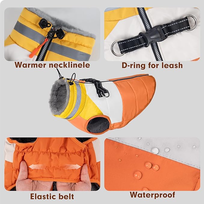 azuza Dog Jacket for Small Dogs Waterproof Dog Coat with Reflective Strips and Harness Built in Warm Fleece Dogs Winter Coat Windproof with Back Zipper, Orange L