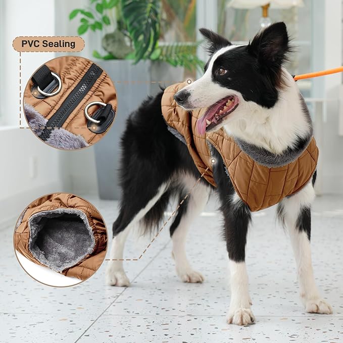 Warm Fleece Dog Coats with Durable Harness Buitl in D-Ring,Waterproof Puppy Jacket for Small Dogs,Dog Vest for Cold Winter,Burnished Khaki S