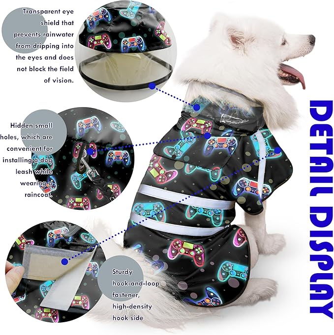 Dog Raincoat, Adjustable Rain Jacket with Hooded Double Layer for Large Medium Small Dogs Puppies, Lightweight Waterproof Rain Coat Poncho with Reflective Stripe Game Controller Black,L