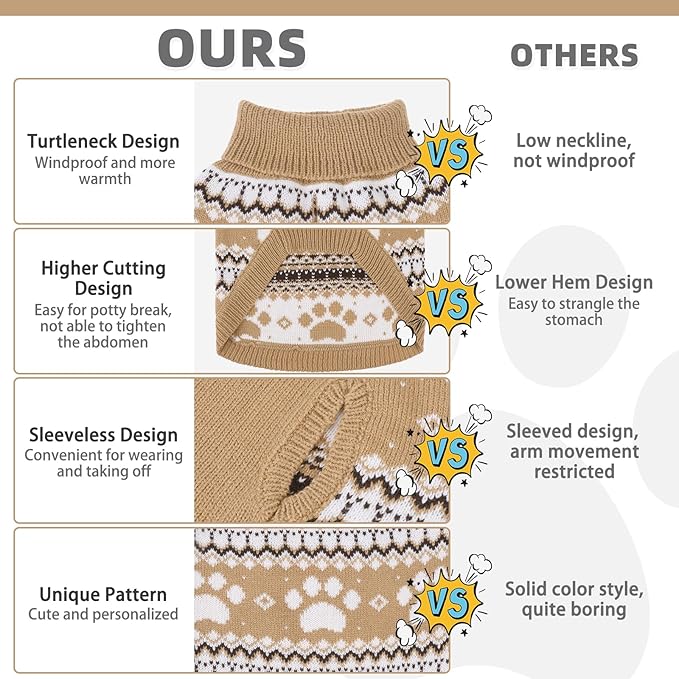 KOOLTAIL Cable Knit Dog Sweater Turtleneck, Cold Weather Pullover Classic Knitwear, Cute Paws Pattern Thick Warm Winter Pet Clothes, Dog Christmas Sweater for Small Medium Large Dogs Cats,Khaki SM