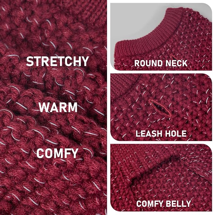 KYEESE Dog Sweater with Leash Hole Warm Pullover with Reflective Yarn for Small and Medium Dogs Male Soft Knit Pullover Boy Dog Coats Cozy Lightweight Thick Sweater,Dark Red,Large