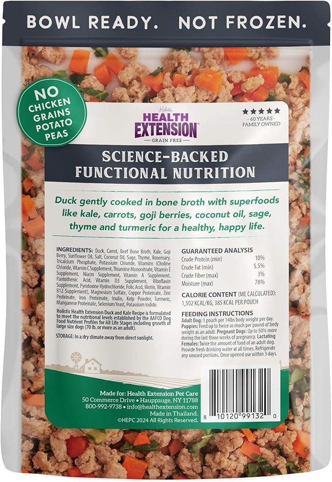 Health Extension Gently Cooked Grain-Free Duck & Kale Dog Food, Human-Grade & Shelf-Stable with Superfoods, Supports Digestion, Immunity, Skin & Coat, 9 oz Pouch (Pack of 1)