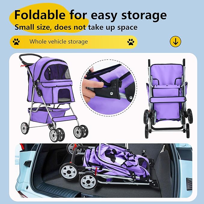 FDW Pet Stroller 4-Wheel Dog Cat Stroller Travel Folding Carrier Puppy Stroller with Cup Holder and Removable Liner for Small Medium Dogs Cats, Purple
