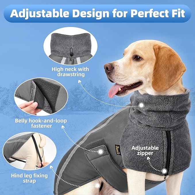 SlowTon Winter Dog Coat, Warm Polar Fleece Lining Doggie Outdoor Jacket with Turtleneck Scarf Reflective Stripe Adjustable Waterproof Windproof Puppy Vest Soft Pet Outfits (L,Grey)