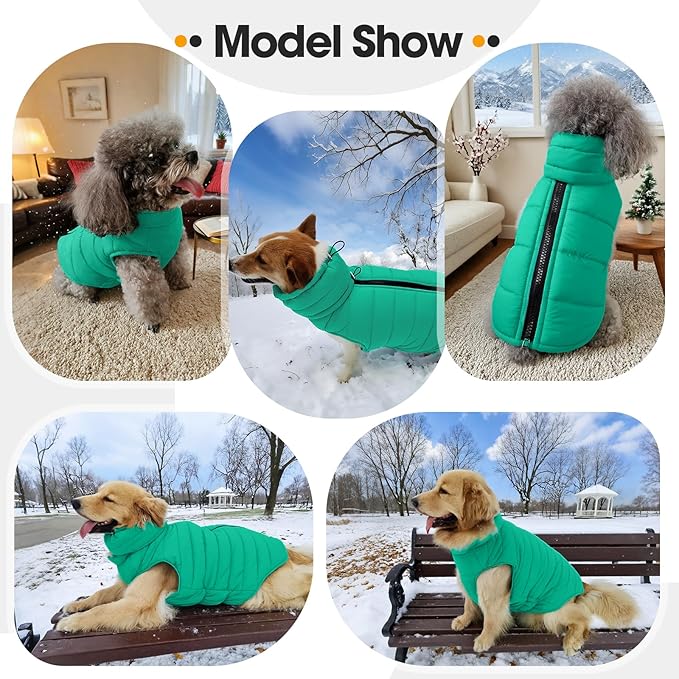 Large Dog Winter Coat with Back Zipper & Detachable Scarf, Waterproof Warm Female Dog Snow Jacket, Dogs Puffer Vest for Golden Retriever, German Shepherd, Green 2XL