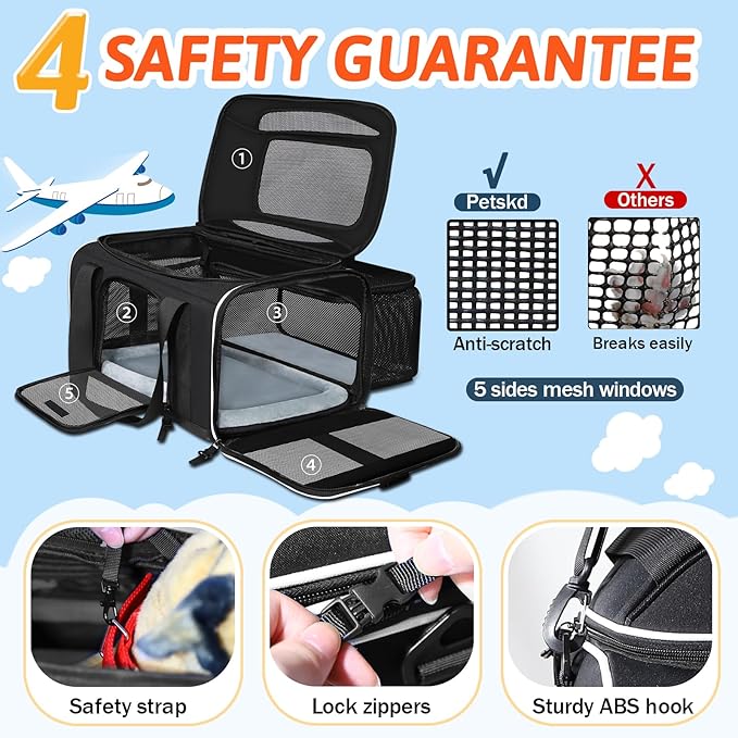 Petskd Top and Side Expandable Pet Carrier 17x12x8.5 Inches JetBlue Frontier Spirit Airline Approved, Soft-Sided Carrier for Small Cats and Dogs with Locking Safety Zipper and Anti-Scratch Mesh(Black)