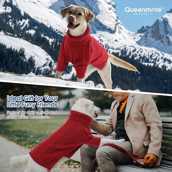 Queenmore Dog Sweater Large Size Dog, Large Dogs Sweater Xmas,Turtleneck Pullover Pet Sweaters for Dogs Girls Boys,Sweater Pet L,Thanksgiving Knitted Doggy Sweater for French Bulldog(Red,L)