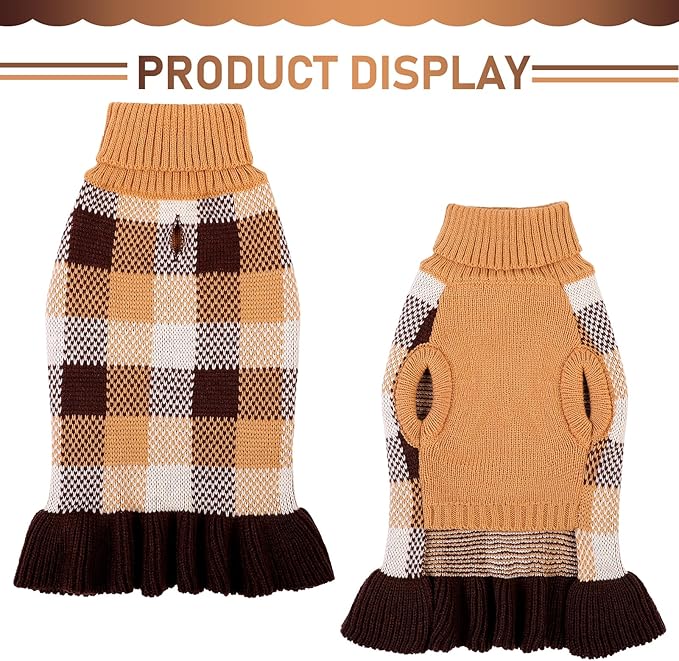Dog Sweater Dress Plaid Knitwear for Small Medium Dogs Warm Puppy Pet Turtleneck Stretch Pullover Cute Fall Winter Vest Clothes with Leash Hole for Christmas (Coffee, L)